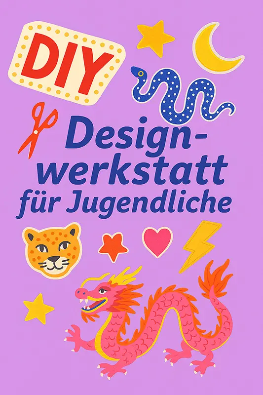 Poster Workshop, lila mit bunten Symbolen wie Drache, Gepard, Mond, Schere und Sterne