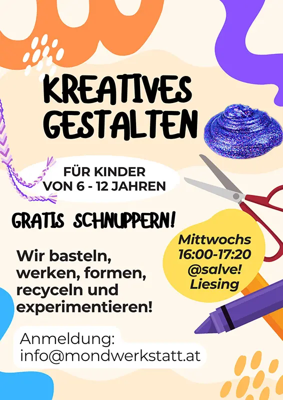 bunter Flyer, Schere, Glitzer, Schnüre, Stift