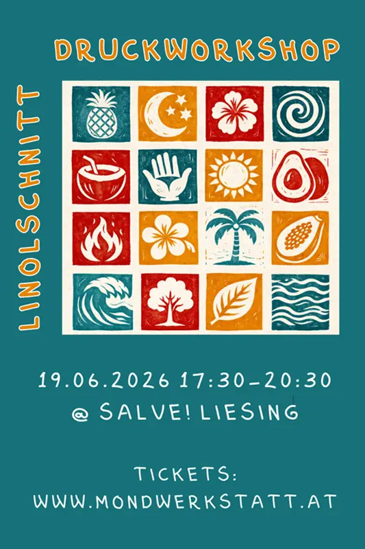 Flyer mit bunten Symbolen aus Linolschnitt