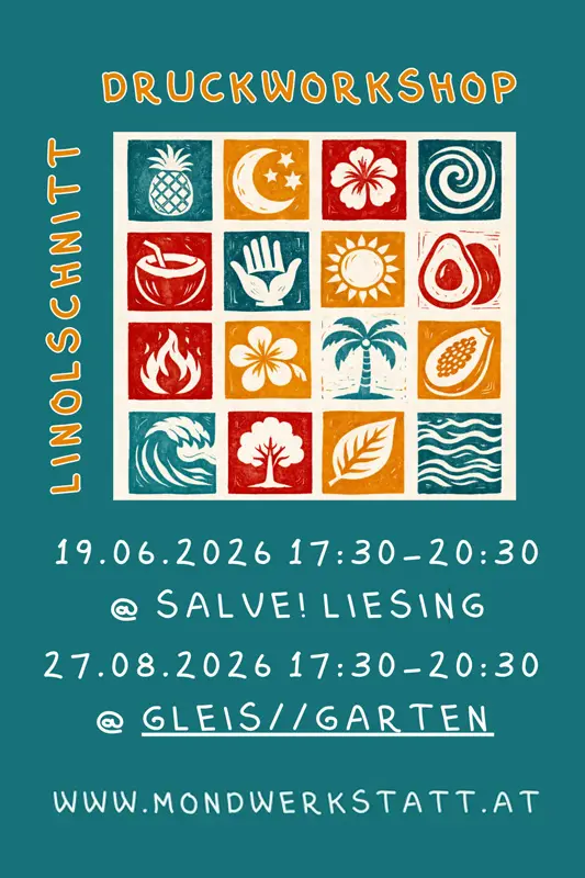 Linolschnitt Flyer mit bunten Drucken