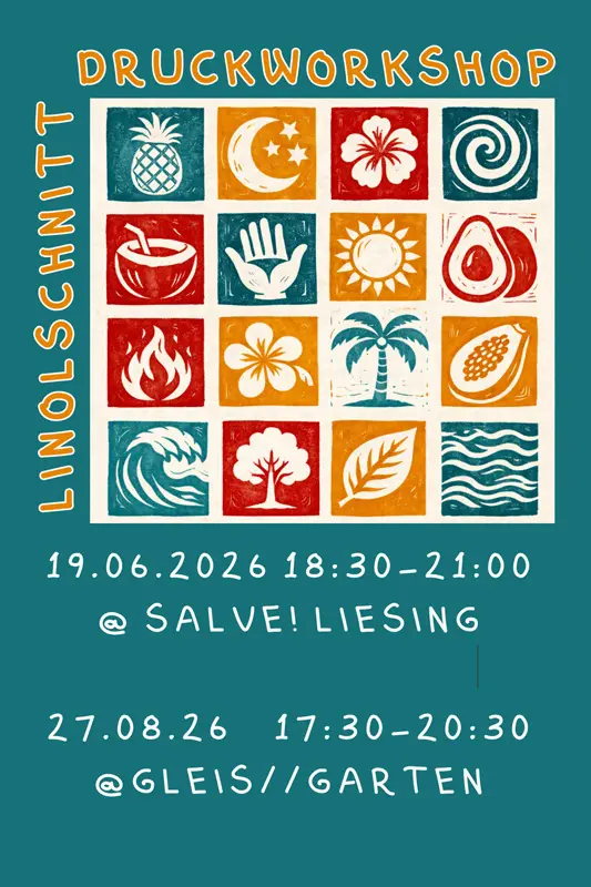Linolschnitt Flyer mit bunten Drucken